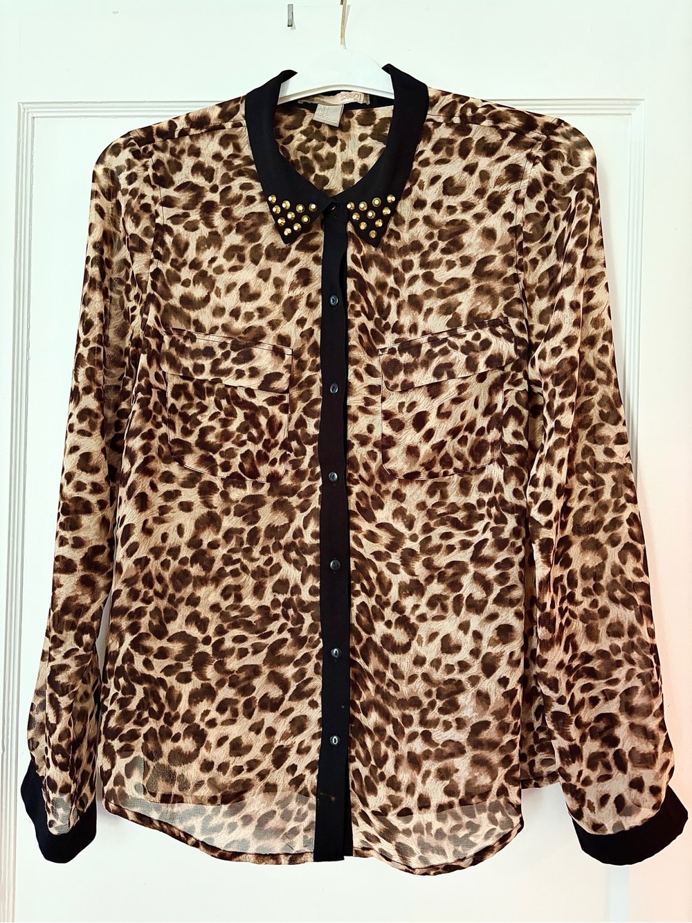 Love21 Brown Leopard Print Button-Down Blouse with Studded Black Collar